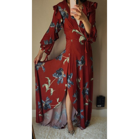 NWD Patbo Floral print Ruffle Side Slit Maxi Dress Size 2 Red V-neck #1D454 - Picture 2 of 14